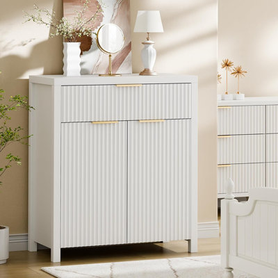 White Fluted Storage Cabinet With Drawers – Buffet Sideboard With Adjustable Shelves For Kitchen, Living Room, Or Entryway