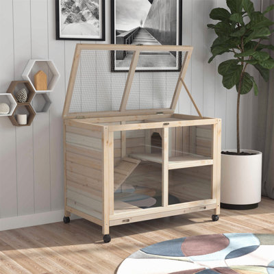 Cage à lapins d'intérieur avec roulettes, bureau et table d'appoint, cage à lapin en bois pour une mobilité facile et une utilisation efficace de l'espace