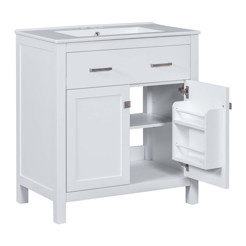 Meuble-lavabo moderne simple avec lavabo en céramique, 2 portes à fermeture douce et 1 tiroir coulissant, Blanc