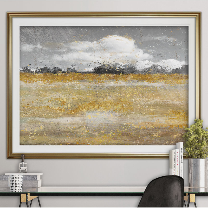 « pré scintillement ii », reproduction de peinture acrylique encadrée, Or, H 30 po x l 40 po x P 1,5 po