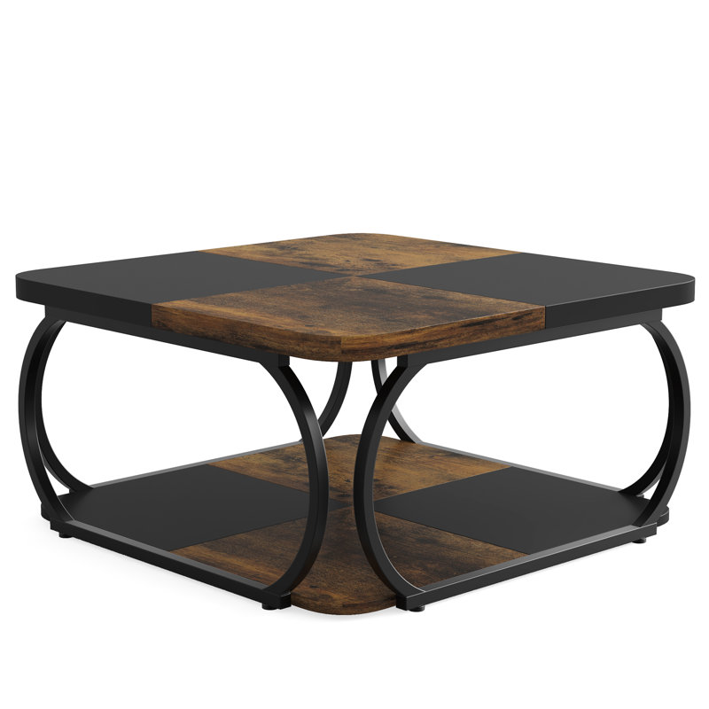 Square Coffee Table, 39.4" Central Cocktail Table with 2-Tier Shelves for Living Room, Brown/Black