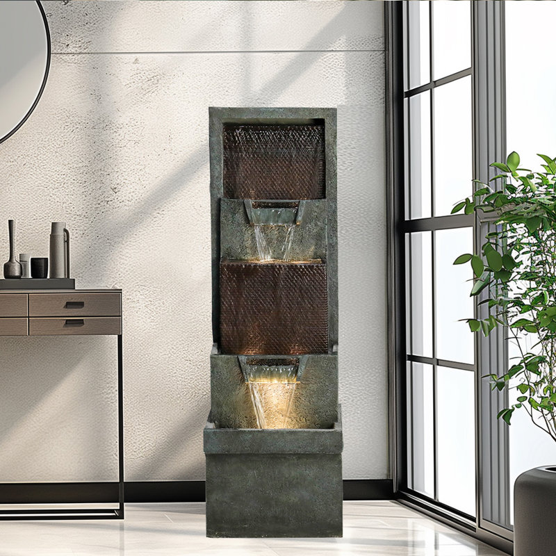 39.3Inches Outdoor/Indoor Modern Floor-Standing Freestanding Water Fountain With Soothing Water Sounds & Warm LED Light And Pump For Garden, Patio, Office Home Decor