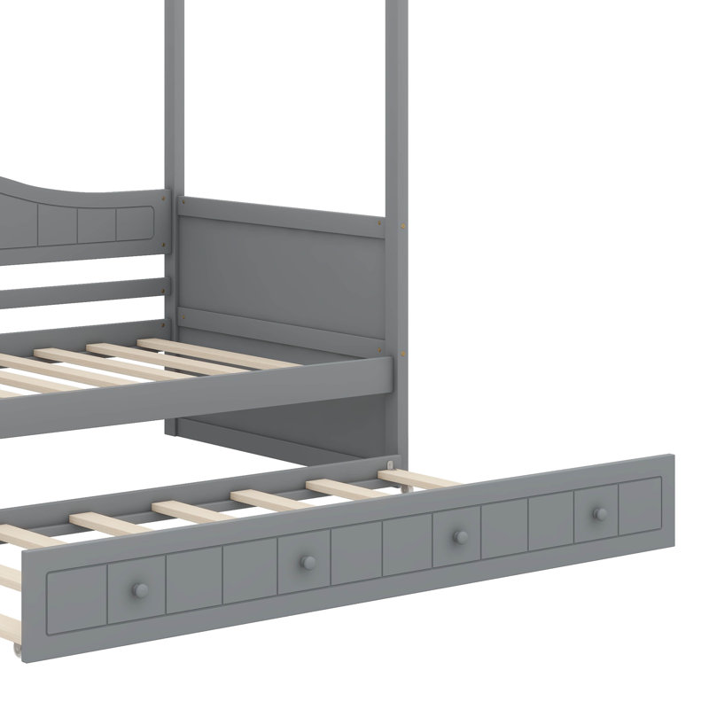 Lit à baldaquin simple jumelé à un lit gigogne simple, base de lit plateforme en bois avec tête de lit incluse, Gris