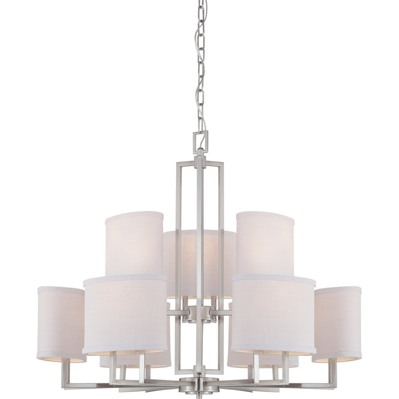 Lustre classique / traditionnel à 9 lumières Bouley, Tissu nickel poli / Gris ardoisé