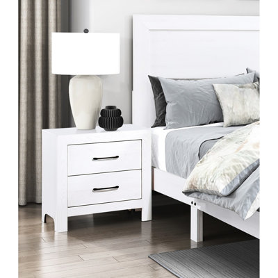 Table de chevet moderne en blanc avec 2 tiroirs et fabrication en bois d'ingénierie - Mobilier de chambre à coucher rustique aspect métal noir