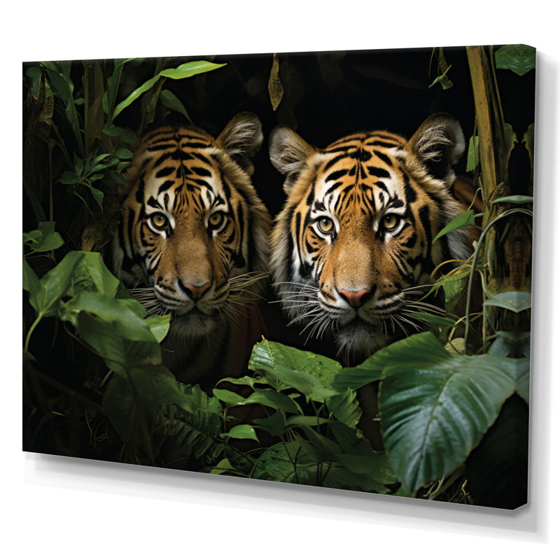 Asian Art Tigers In Jungle II, reproduction d'art sur toile, H 16 po x l 32 po x P 1 po, Toile tendue