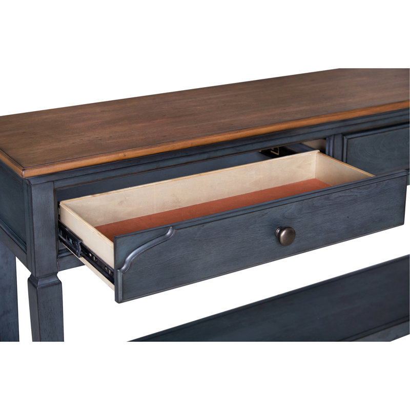 Table basse de 60 po en velours côtelé bleu, sans assemblage. 2 tiroirs, 1 tablette.