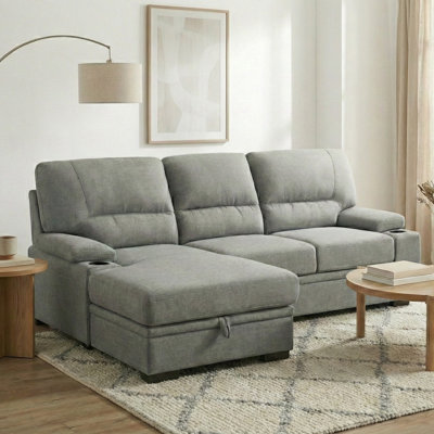 Gallo 102 in. L-Shaped Right Facing Sleeper Sofa Bed with Storage & Cupholder, Grey