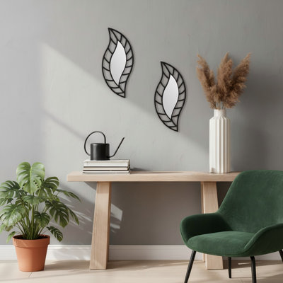 2Pcs Leaf Teardrop Wall Mounted Decorative Mirror - Black For Living Room Bedroom Bathroom Entryway Office