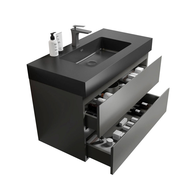 Meuble-lavabo simple 36 po avec surface solide et trop-plein, 36 po, pré-assemblé, Gris espace, 36", Noir mat