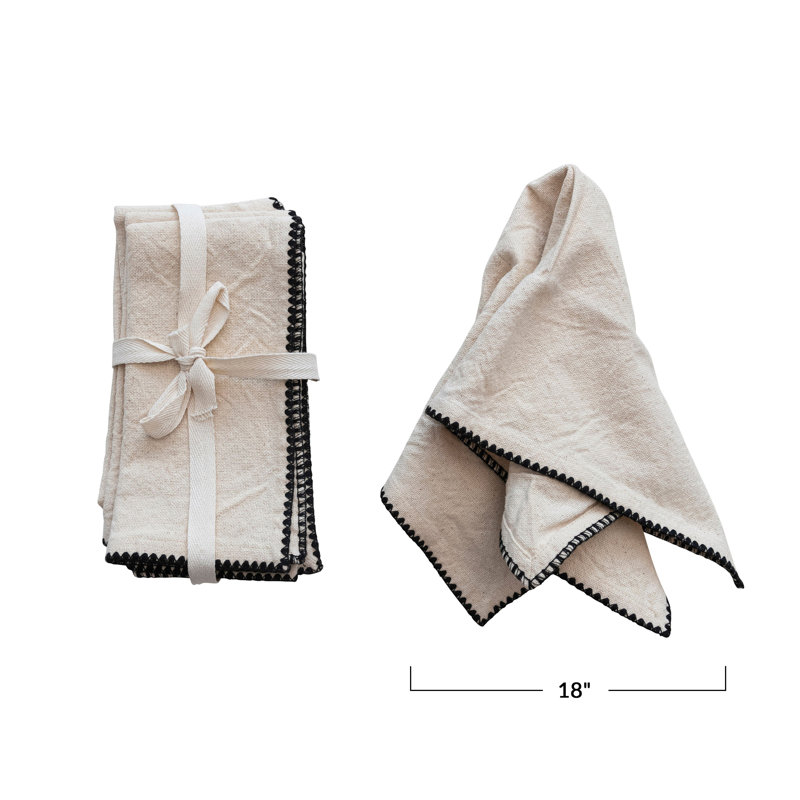Devi Modern Farmhouse Square Cotton Napkins With Embroidered Trim