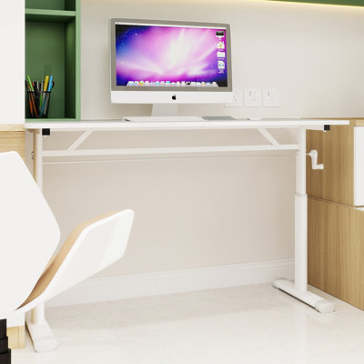Height - Adjustable Study Desk, Hand Lifting For All Ages, White Iron And Wood, Compact Design, Suitable Home Small Office Use Multi Purpose Desk Adju
