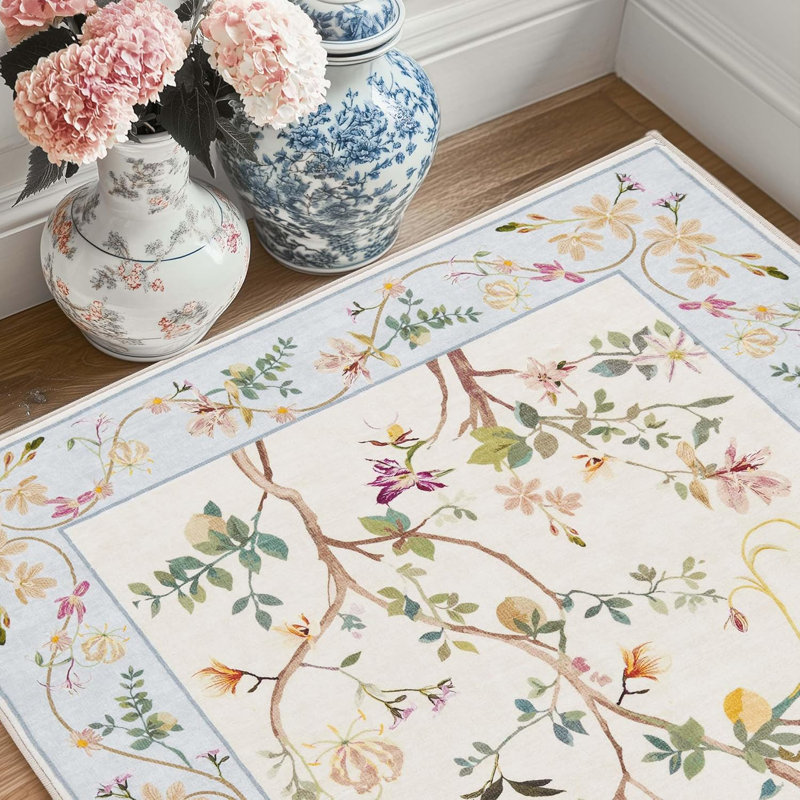 Chinoiserie Carpet Vintage Floral Rug Washable Non-slip Beige/Blue, Rectangle 2' x 3', Beige/Blue