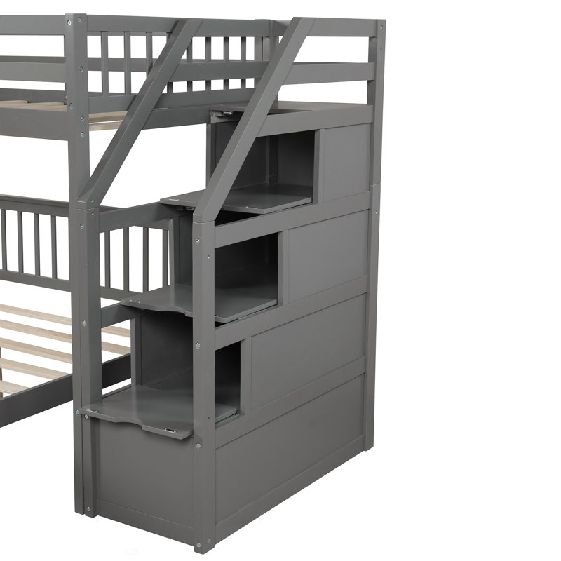 Lit simple mezzanine sur lit double avec escalier, cadre de lit, gris