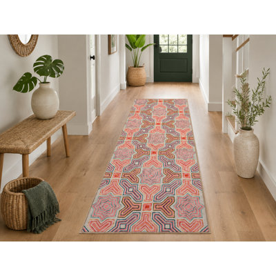 Geometric Patterned Pink Color Woven Base Washable Carpet