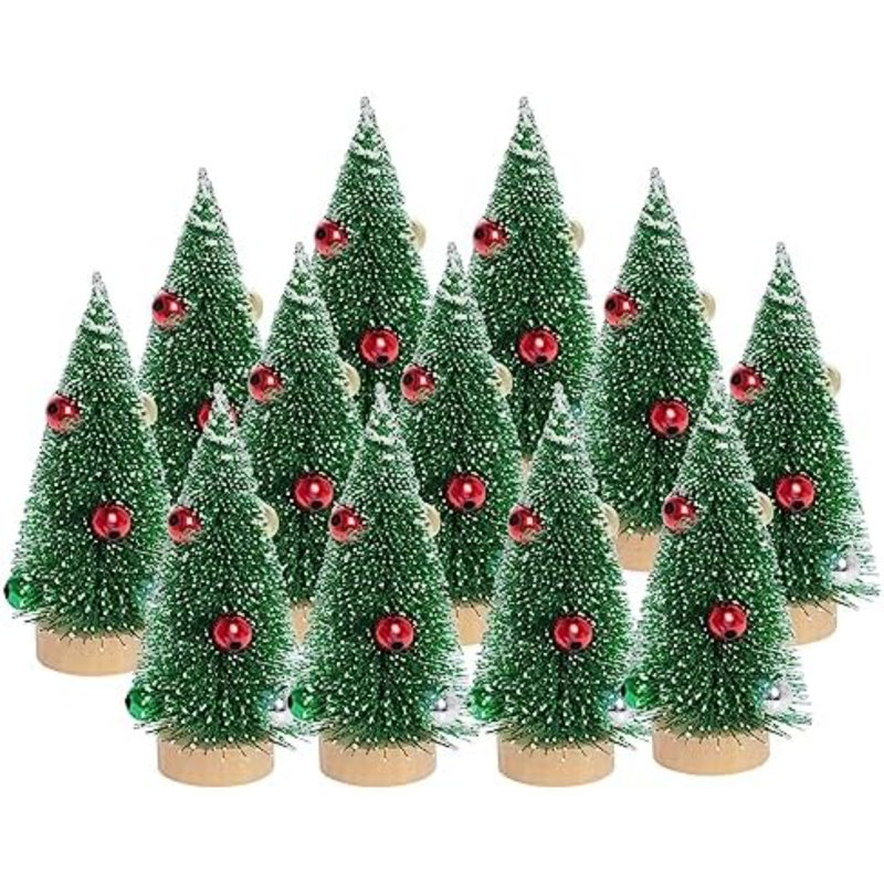 12 pièces mini arbres de Noël petits arbres en sisal mini arbres de pin avec base en bois mini-arbres de brosse artificiels mini arbres de Noël artificiels couleur assortie pour la décoration de Noël 