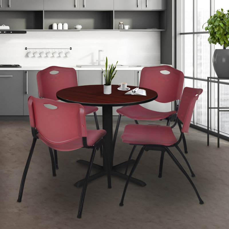 Neyland Cain Round X-Base Breakroom Table & 4 M Stack Chairs, Mahogany
