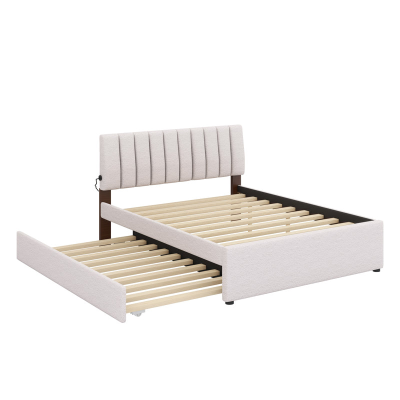 Upholstered Platform Bed With Trundle, Beige