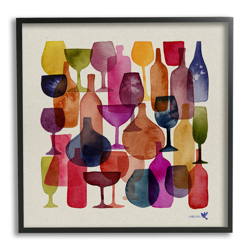 Impression sur verre, moderne, avec verres à vin sur bois par Maria Over, Giclée encadrée noir minuit, H 17 po x l 17 po