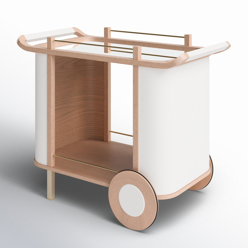 Nuetral Brown and Mirrored Solid Wood Bar Cart with Wheels
