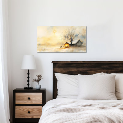 Nativity Scene Wall Art - O Holy Night Wall Decor, Christmas Nativity Pictures Wall Decor for Living Room, Religious Artwork Canvas Prints, Pine Frame Wrapped Wall Art, 12×24 inches