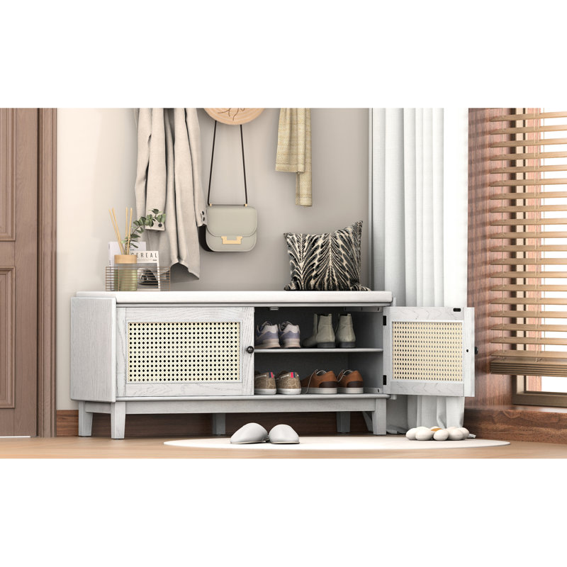 Entryway Bench With Cushion, Storage For And Clutter, 3 - Level Adjustable, Gray Wash Finish Bohemian Inspired Bench, Double Door Design, 4 Sections, 200 Lbs Weight, Beige