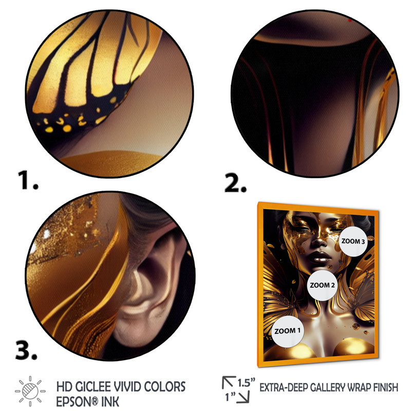 «Woman with Black and Gold Butterflies III», impression sur toile, H 32 po x l 24 po x P 1 po, Encadrement doré