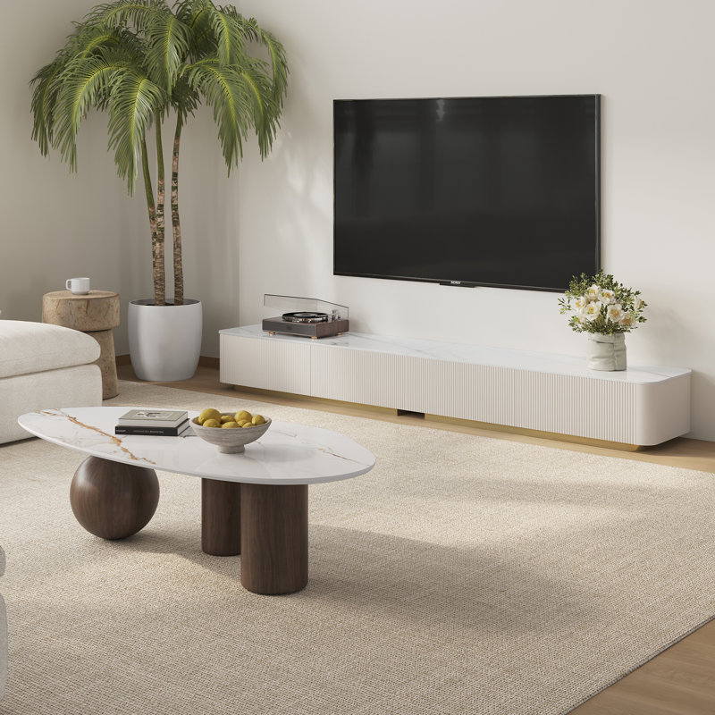 94.5 "beige Tv Stand, 54.3" Oval Coffee Table Set, White Imitation Marble Countertop Media Console, Gold Base, Modern Living Room Furniture Set, Suitable For Large Space Use