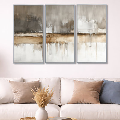 «Brown Blush Horizon Lines - Abstract Landscape», reproduction sur toile 3 pièces