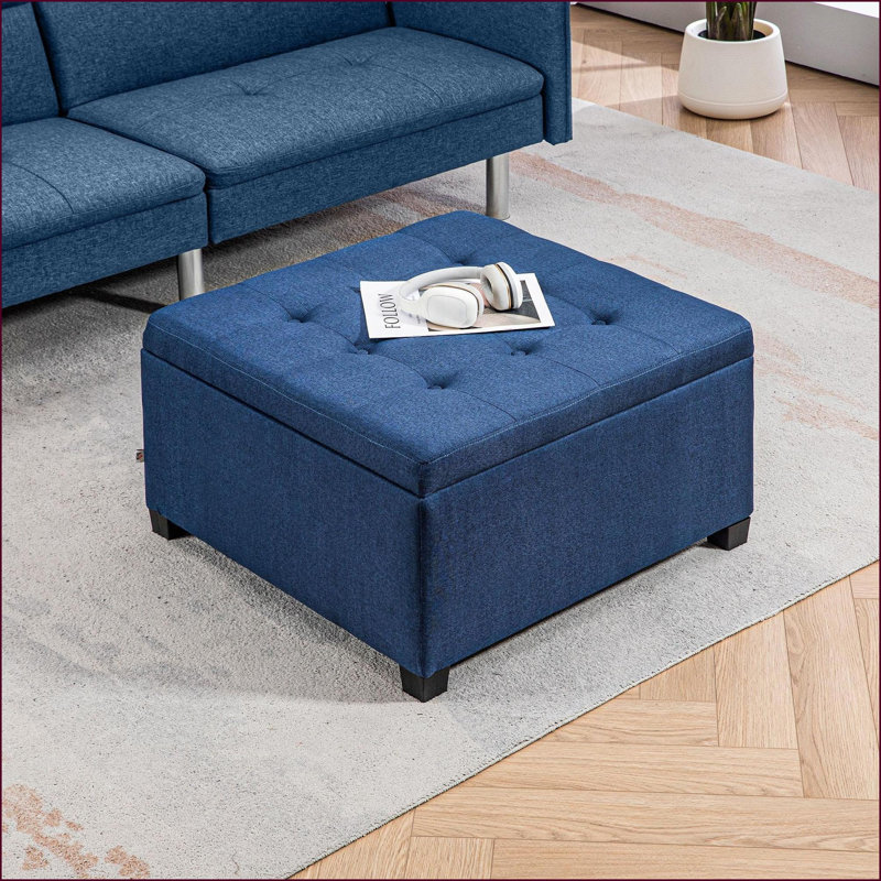 Repose-pieds avec rangement capitonné en tissu bleu marine capitonné, structure en bois d'eucalyptus pour le salon, la chambre à coucher et le vestibule | Bois | Noir