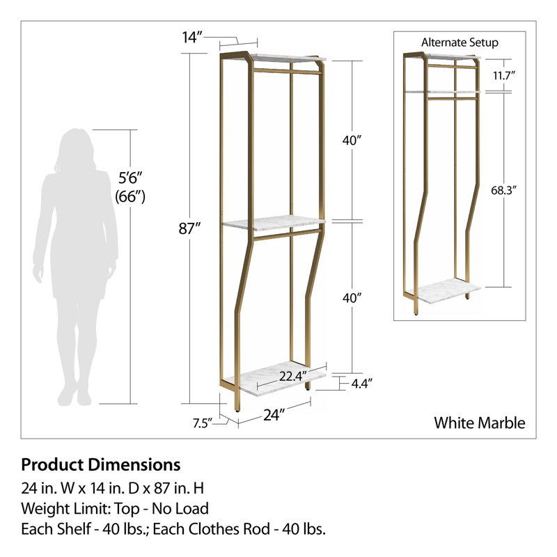 Gwyneth White Marble and Gold Closet Organizer with Hanging Rods