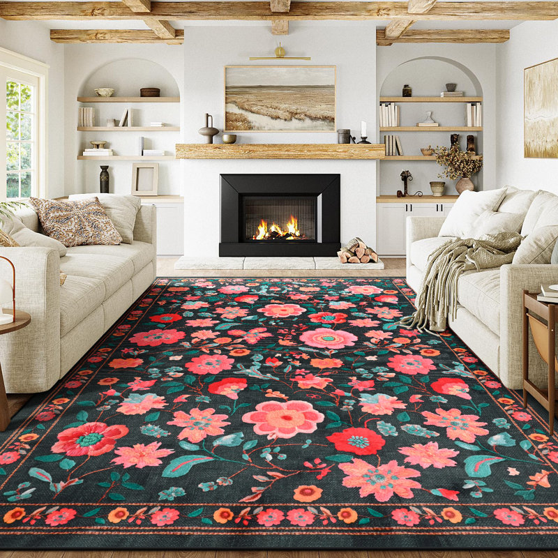 Large Floral Living Room Rug Washable Bedroom Rug Non-Slip Colorful Vintage Accent Floor Carpet For Home Decor