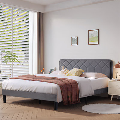 Double Size Upholstered Platform Bed Frame With Modern Adjustable Headboard