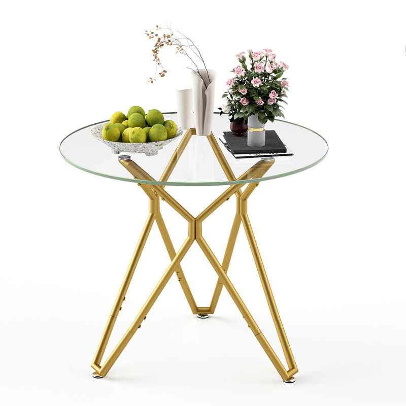 35.4" Tempered Glass Dining Table For 1-4 People, Space-Saving Small Kitchen Table With Sturdy Metal Legs, Suitable For Dining Room & Living Room (Gold)