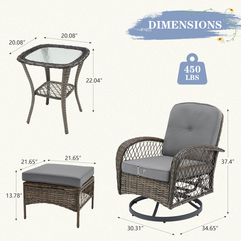 5-Piece Outdoor Patio Furniture Set With Swivel Rocking Chairs, Ottomans And Glass Coffee Table, Gray
