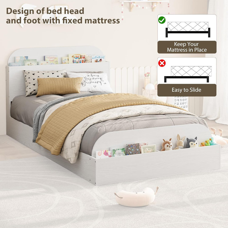 Twin Bed Frame with Storage Headboard, Solid Wood with Raised Footboard, Twin Size, Low Platform Design, Sturdy Slat Support, Natural Finish, Bedroom Use