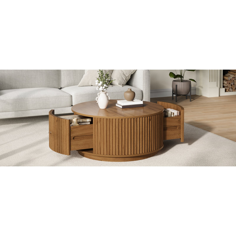 Table basse ronde cannelée de 76 cm avec rangement dissimulé, en bois massif de noyer, style moderne du milieu du siècle.