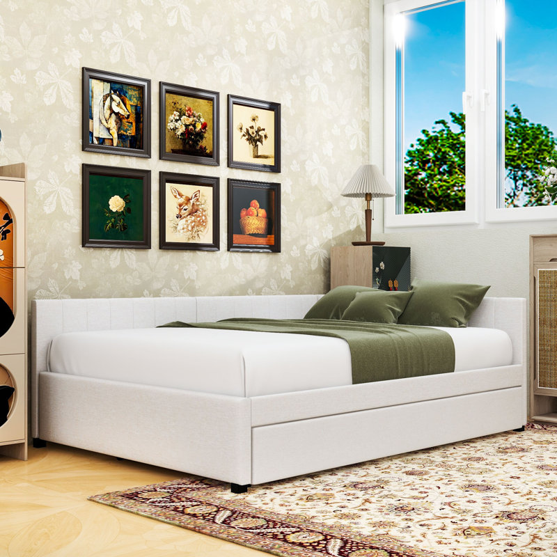 Lit de jour rembourré en lin avec lit gigogne simple, Beige, Double