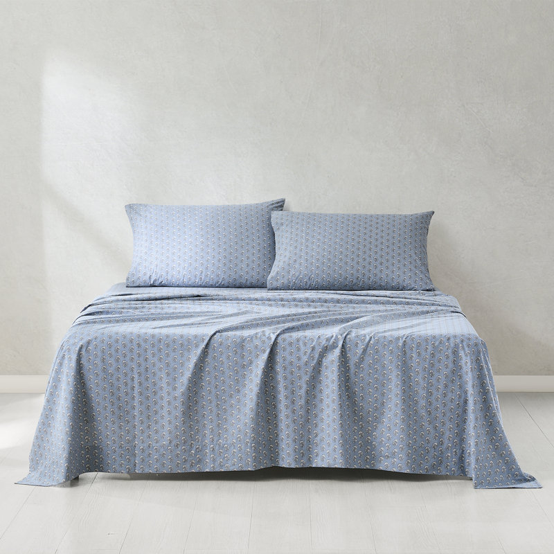 Freesia Cotton Sheet Set Blue, Queen Sheet Set with 2 Pilowcases