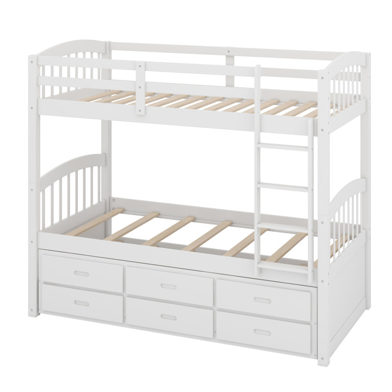 Wood Bunk Bed With Trundle And Drawers, White
