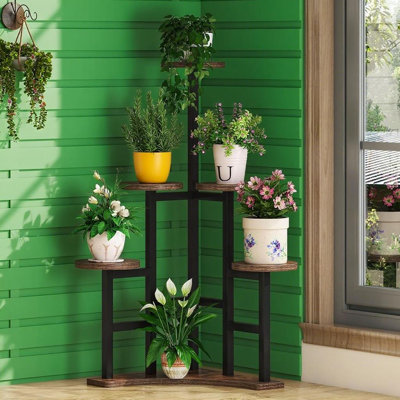 Support pour plante ronde à plusieurs niveaux, support de pot de fleur de coin intérieur et extérieur à finition grain de bois pour patio Balcon