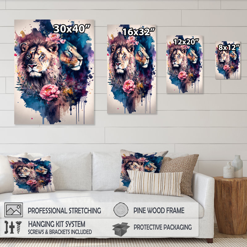 «Cute Lions Floral Art I», peinture sur toile, H 32 po x l 16 po x P 1 po, Toile tendue