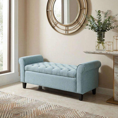 Banc de rangement en tissu avec accoudoirs roulés, pieds, conception en tissu à boutons, meubles d'entrée de salon de chambre à coucher