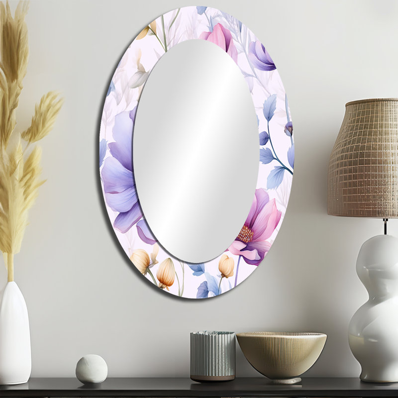 Pink And Blue Petunia On White II - Traditional Oval Wall Mirror, 36" x 24"