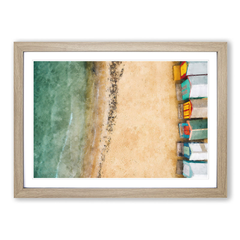 Beach Huts on Brighton Beach 1 Piece Single Picture Frame Painting on MDF, 24cm H x 33cm W x 2cm D, Oak