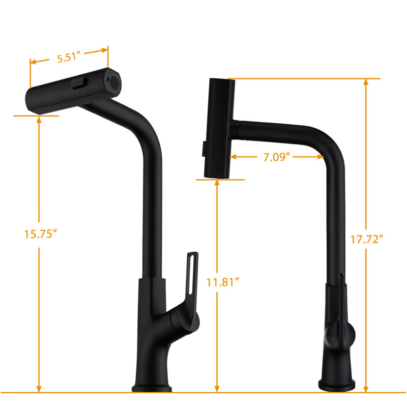 360 Rotating Pull Down Kitchen Faucet, Matte Black Appearance, Single Lever, Hot And Cold Water, Three Spray Settings Handle Faucet With , Color, Swivel, Water Supply, Choices