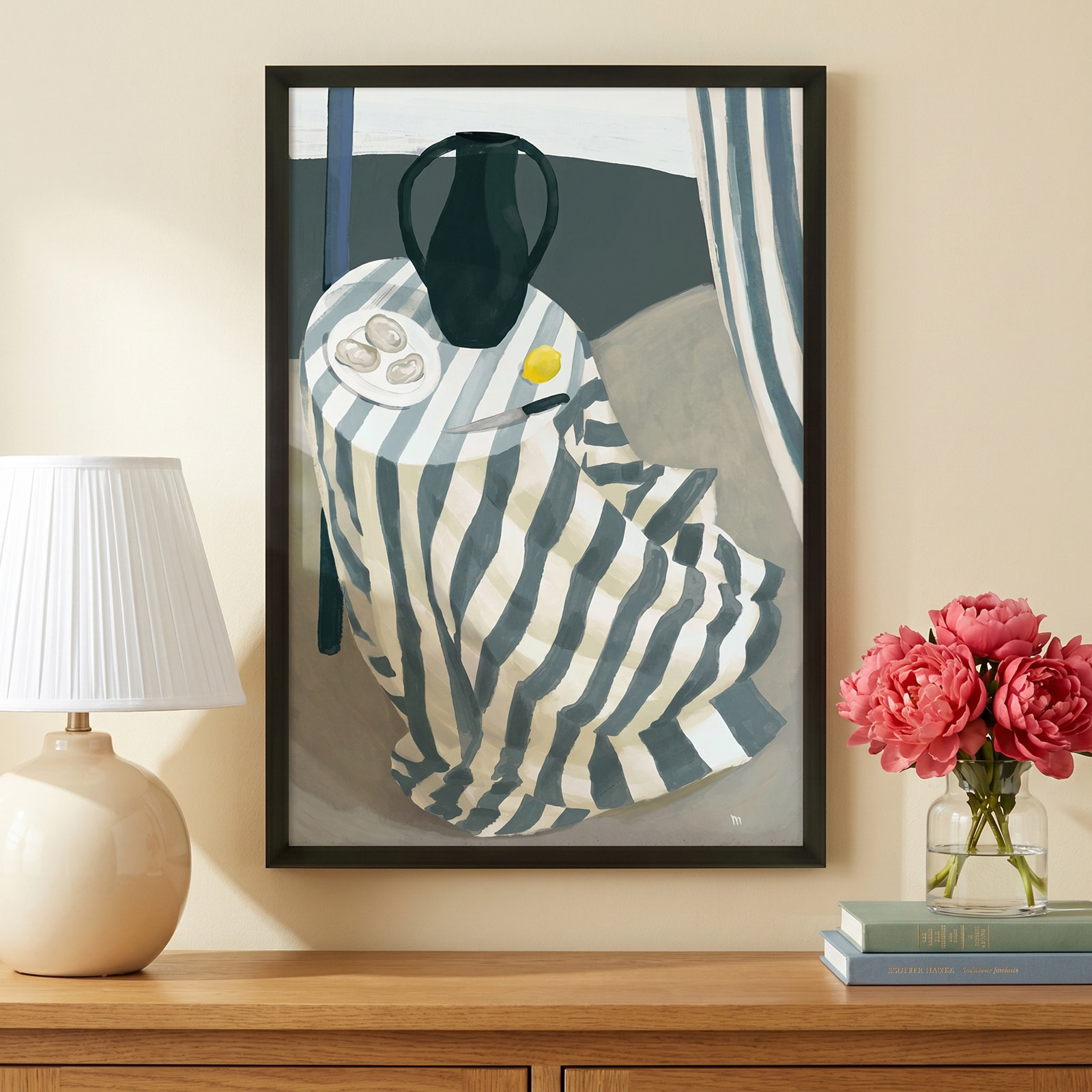 Oysters at the Beach Painting by Marco Marella, 17.5" W x 25" H, Black Framed Paper