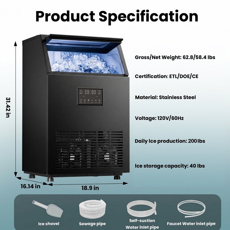 Machine à glaçons commerciale autoportante et encastrée en acier inoxydable noir 18,9 "avec auto-nettoyage et double entrée d'eau pour bar domestique IUDommy 200 LBS / Day