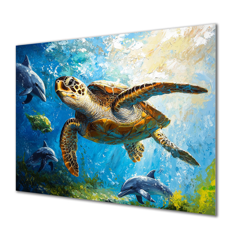 Tortue nageant avec des dauphins - animaux, décoration murale en métal, tortue, H 12 po x l 20 po