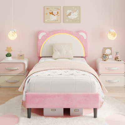 Lit simple à DEL avec tête de lit ajustable pour enfants - conception d'ours mignon, revêtement en suède, lattes en bois solidifié, assemblage facile - rose et blanc, sans pompage, taille TXL